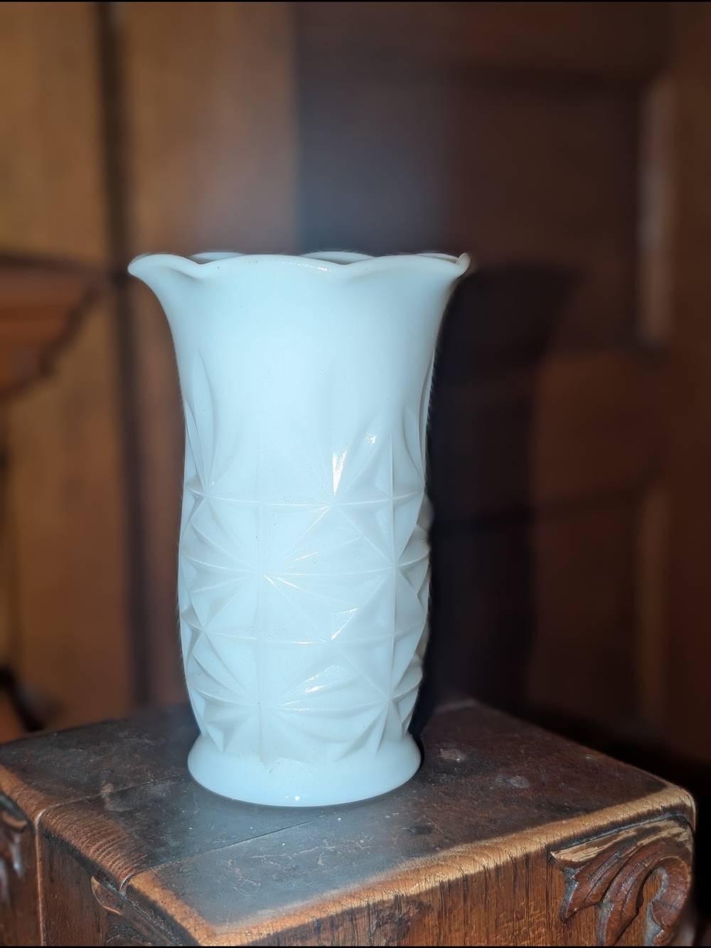 Vintage Hazel Atlas Starburst Milk Glass Vase 6 in